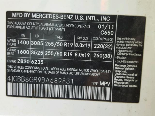 4JGBB8GB9BA689831 - 2011 MERCEDES-BENZ ML 350 4MA WHITE photo 10