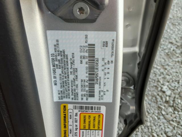 3FA6P0H71JR104561 - 2018 FORD FUSION SE SILVER photo 10