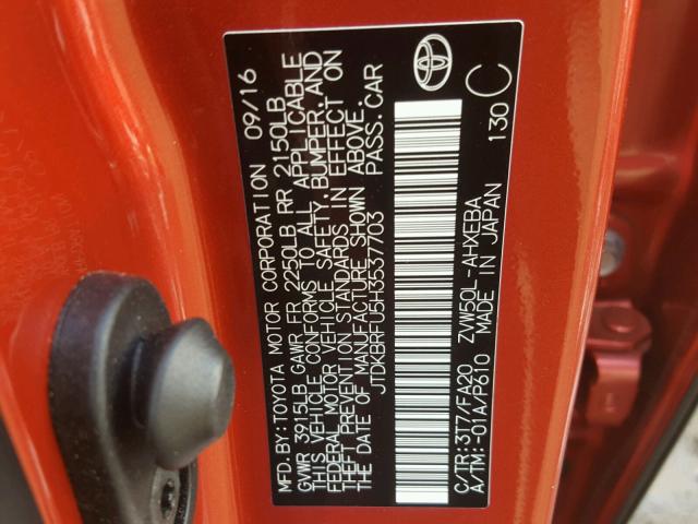 JTDKBRFU5H3537703 - 2017 TOYOTA PRIUS RED photo 10