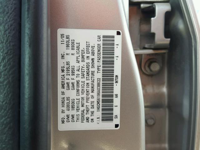 1HGCM56196A038622 - 2006 HONDA ACCORD VAL SILVER photo 10