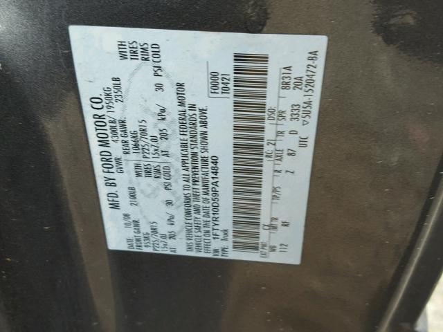 1FTYR10D59PA14840 - 2009 FORD RANGER GRAY photo 10