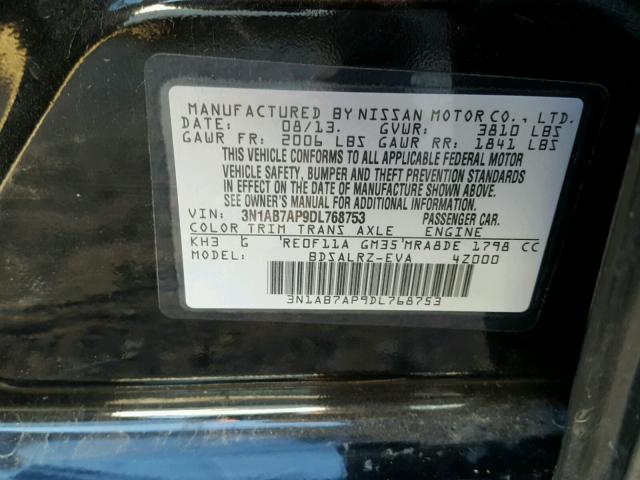 3N1AB7AP9DL768753 - 2013 NISSAN SENTRA S BLACK photo 10