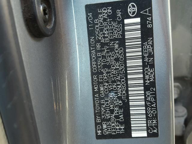 JTDKB20U153010530 - 2005 TOYOTA PRIUS GREEN photo 10