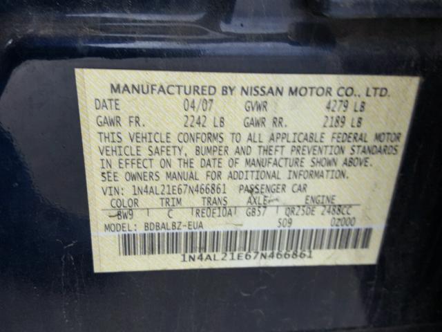 1N4AL21E67N466861 - 2007 NISSAN ALTIMA 2.5 BLUE photo 10