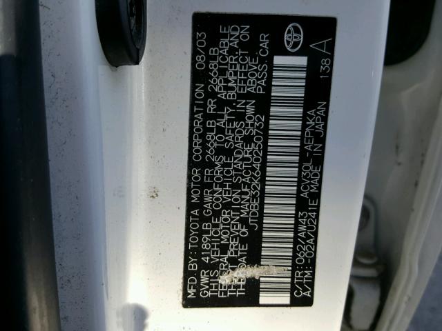 JTDBE32K640250732 - 2004 TOYOTA CAMRY LE თეთრი ფოტო 10