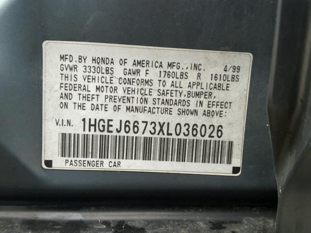 1HGEJ6673XL036026 - 1999 HONDA CIVIC LX BLUE photo 10