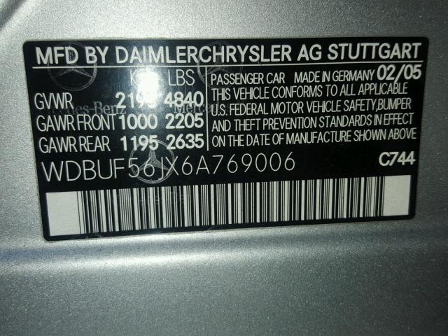 WDBUF56JX6A769006 - 2006 MERCEDES-BENZ E 350 SILVER photo 10