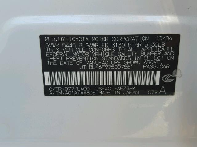 JTHBL46F975007561 - 2007 LEXUS LS 460 WHITE photo 10