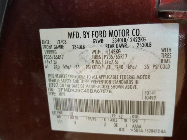 2FMDK36C49BA67576 - 2009 FORD EDGE SE MAROON photo 10