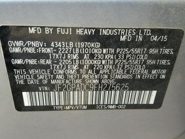 JF2GPADC9FH275625 - 2015 SUBARU XV CROSSTR SILVER photo 10