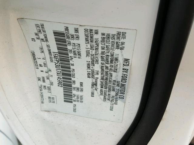 1FAFP53U17A145902 - 2007 FORD TAURUS SE WHITE photo 10