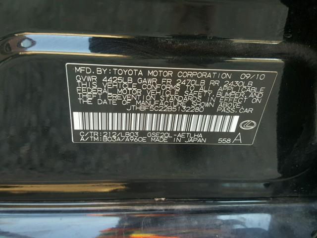 JTHBF5C22B5132280 - 2011 LEXUS IS 250 BLACK photo 10