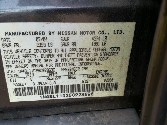 1N4BL11D25C228696 - 2005 NISSAN ALTIMA SE GRAY photo 10