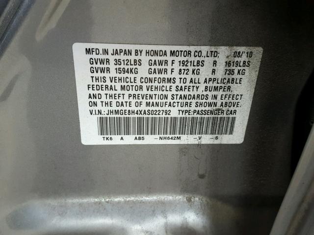 JHMGE8H4XAS022792 - 2010 HONDA FIT SPORT SILVER photo 10