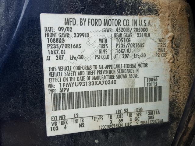 1FMYU93133KA70340 - 2003 FORD ESCAPE XLT BLUE photo 10