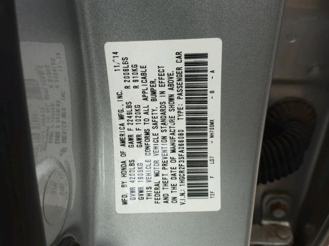 1HGCR2F35FA066080 - 2015 HONDA ACCORD LX SILVER photo 10