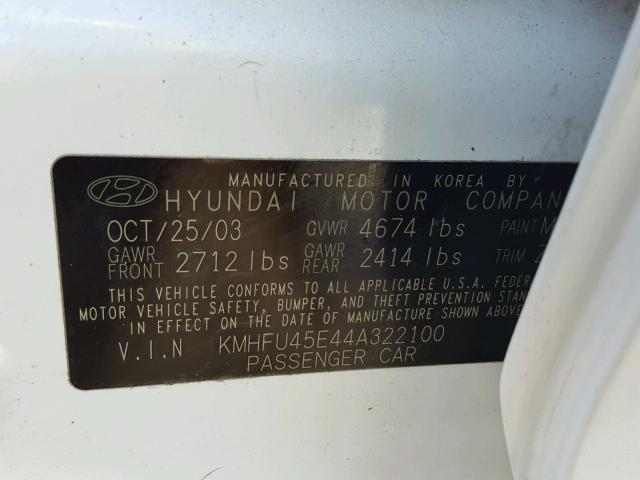 KMHFU45E44A322100 - 2004 HYUNDAI XG 350 WHITE photo 10