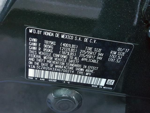 3CZRU5H3XHG700214 - 2017 HONDA HR-V LX GREEN photo 10