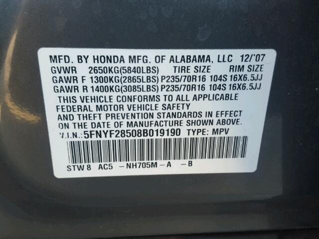 5FNYF28508B019190 - 2008 HONDA PILOT EXL CHARCOAL photo 10