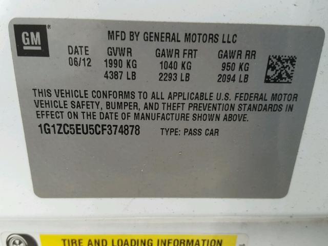 1G1ZC5EU5CF374878 - 2012 CHEVROLET MALIBU 1LT Ақ фото 10