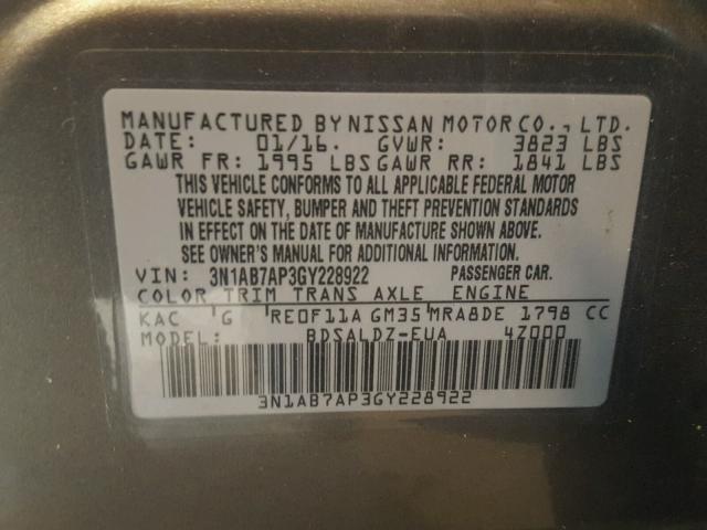 3N1AB7AP3GY228922 - 2016 NISSAN SENTRA S GRAY photo 10