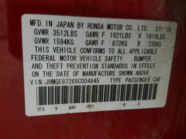 JHMGE87269C004845 - 2009 HONDA FIT RED photo 10