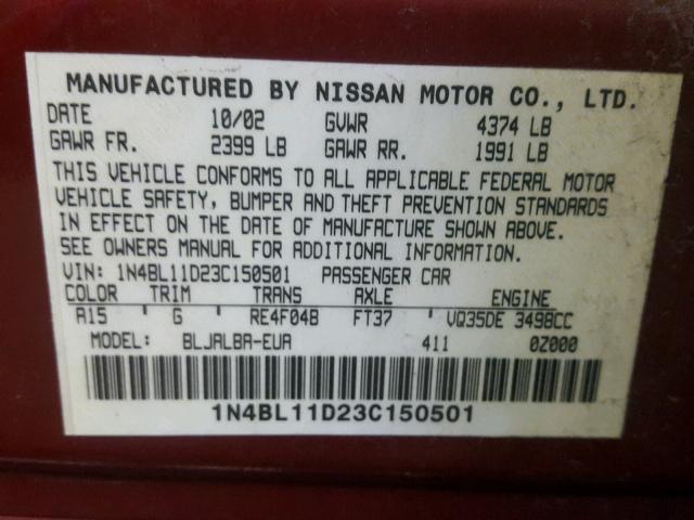 1N4BL11D23C150501 - 2003 NISSAN ALTIMA SE RED photo 10