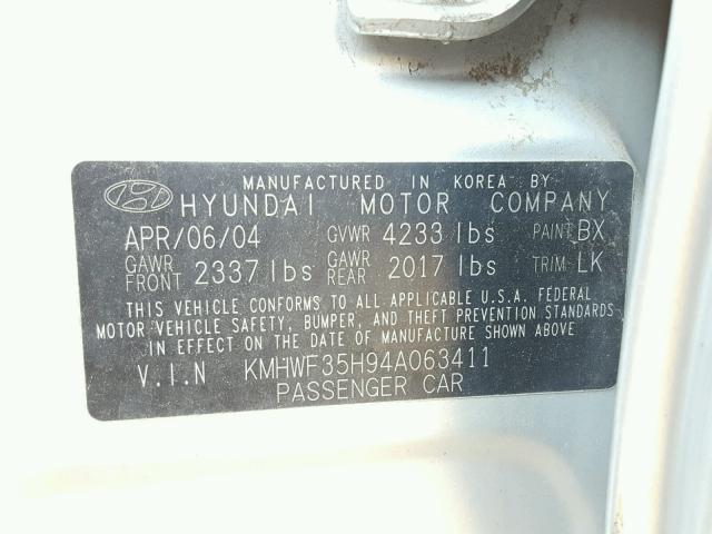 KMHWF35H94A063411 - 2004 HYUNDAI SONATA GLS SILVER photo 10