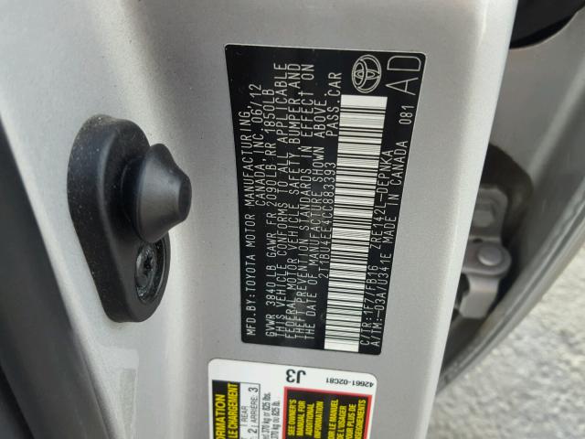 2T1BU4EE4CC883393 - 2012 TOYOTA COROLLA BA SILVER photo 10