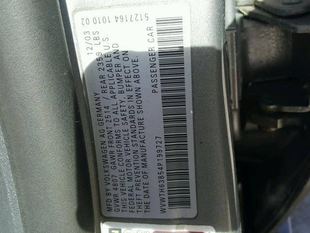 WVWTH63B54P199727 - 2004 VOLKSWAGEN PASSAT GLX SILVER photo 10