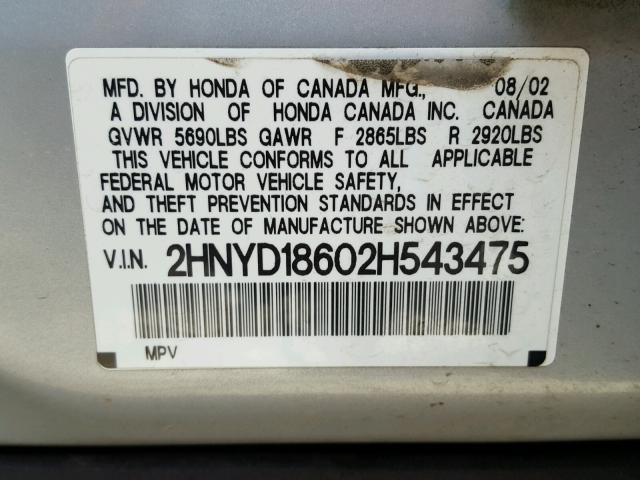 2HNYD18602H543475 - 2002 ACURA MDX TOURIN SILVER photo 10