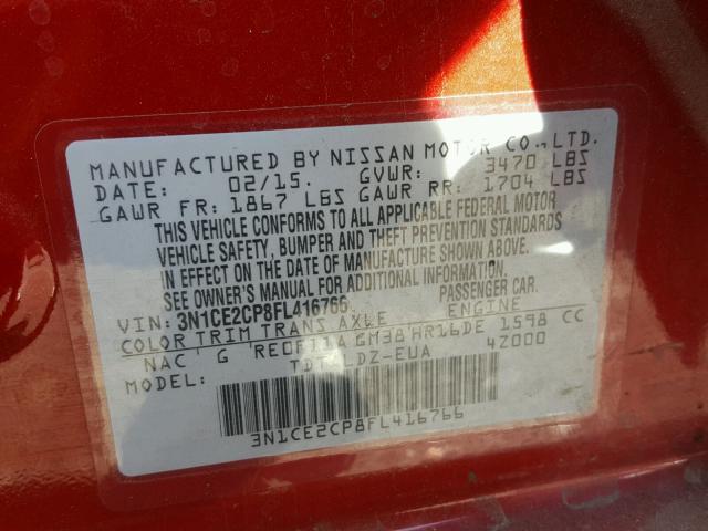 3N1CE2CP8FL416766 - 2015 NISSAN VERSA NOTE RED photo 10