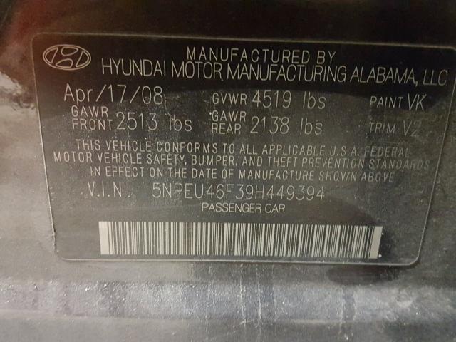 5NPEU46F39H449394 - 2009 HYUNDAI SONATA SE GRAY photo 10