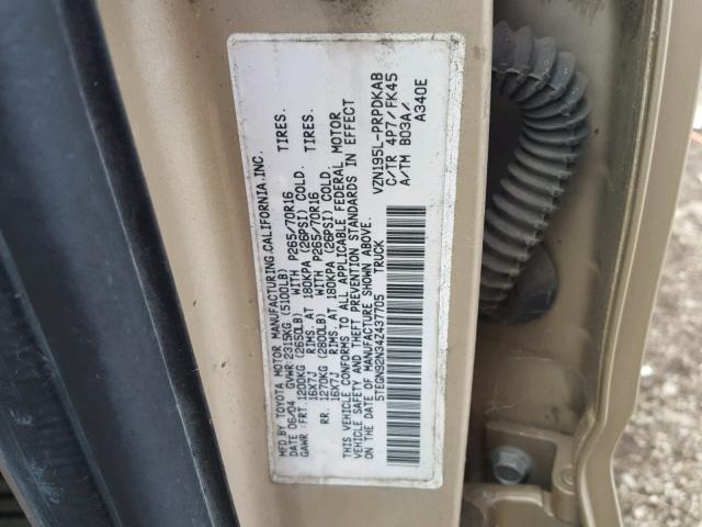 5TEGN92N34Z437705 - 2004 TOYOTA TACOMA DOU GOLD photo 10