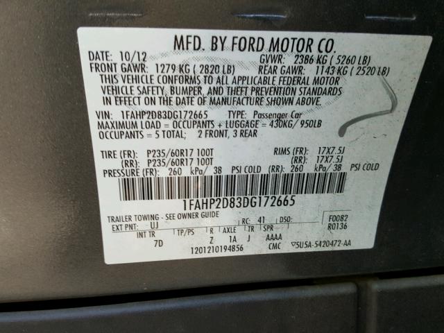 1FAHP2D83DG172665 - 2013 FORD TAURUS SE GRAY photo 10