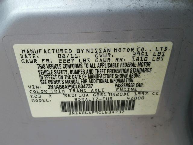 3N1AB6AP9CL634737 - 2012 NISSAN SENTRA 2.0 SILVER photo 10