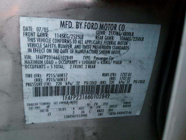 1FAFP23166G102849 - 2006 FORD FIVE HUNDR SILVER photo 10