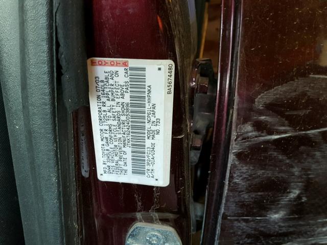 JTKKT624240053896 - 2004 TOYOTA SCION XA BURGUNDY photo 10