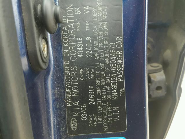 KNAGE124765044673 - 2006 KIA OPTIMA LX BLUE photo 10