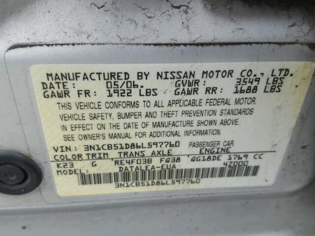 3N1CB51D86L597760 - 2006 NISSAN SENTRA 1.8 SILVER photo 10