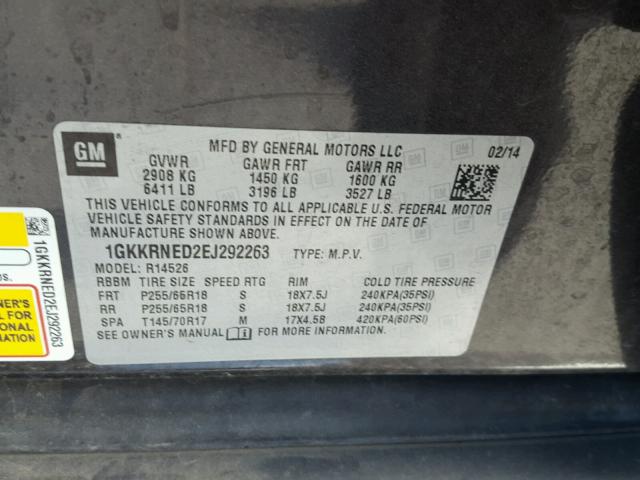 1GKKRNED2EJ292263 - 2014 GMC ACADIA SLE GRAY photo 10