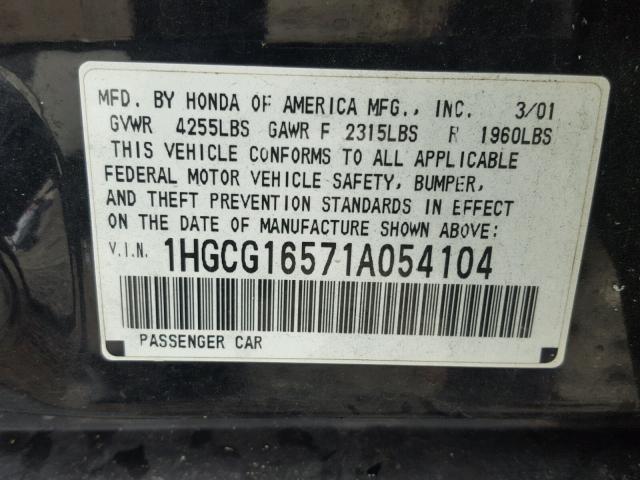 1HGCG16571A054104 - 2001 HONDA ACCORD EX BLACK photo 10