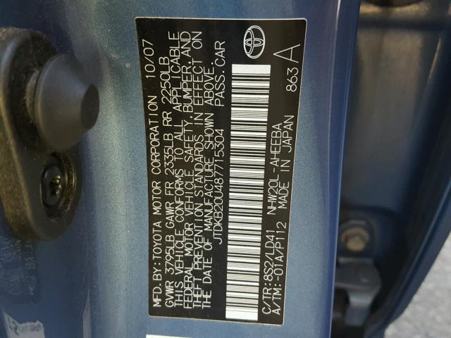 JTDKB20U487715304 - 2008 TOYOTA PRIUS BLUE photo 10