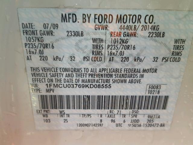 1FMCU03769KD08555 - 2009 FORD ESCAPE XLT WHITE photo 10