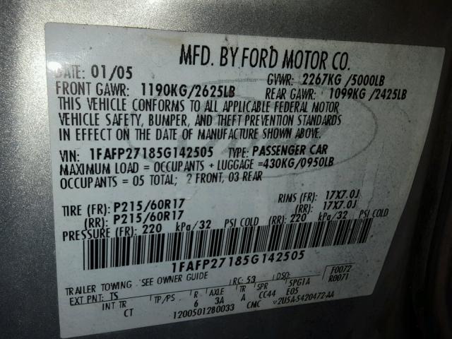 1FAFP27185G142505 - 2005 FORD FIVE HUNDR SILVER photo 10