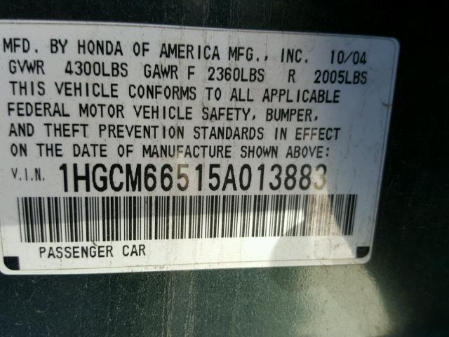 1HGCM66515A013883 - 2005 HONDA ACCORD EX GREEN photo 10