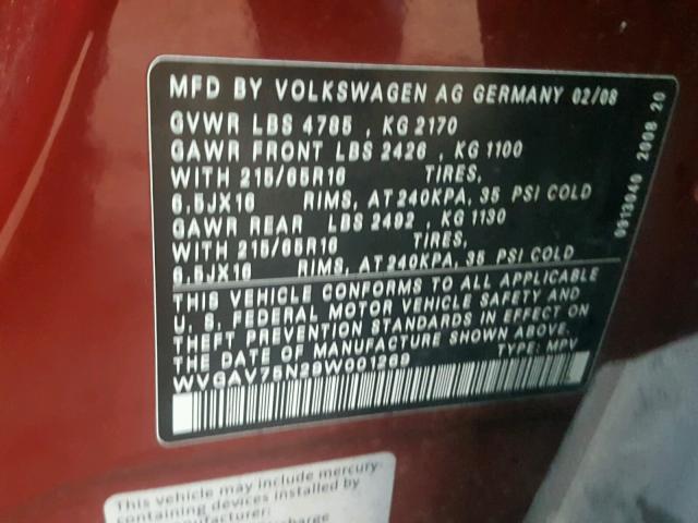 WVGAV75N29W001269 - 2009 VOLKSWAGEN TIGUAN S MAROON photo 10