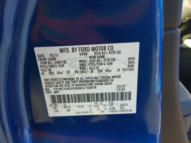 1FMCU0DG5BKC10878 - 2011 FORD ESCAPE XLT BLUE photo 10