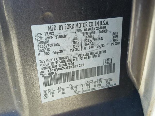 1FTRW07683KB71295 - 2003 FORD F150 SUPER GRAY photo 10