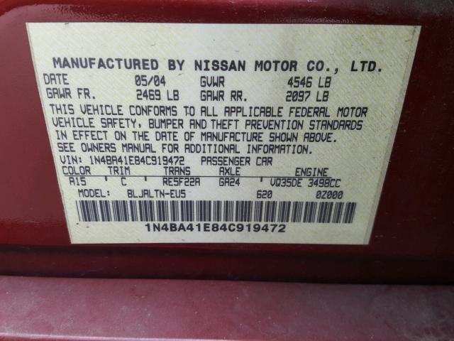 1N4BA41E84C919472 - 2004 NISSAN MAXIMA SE BURGUNDY photo 10